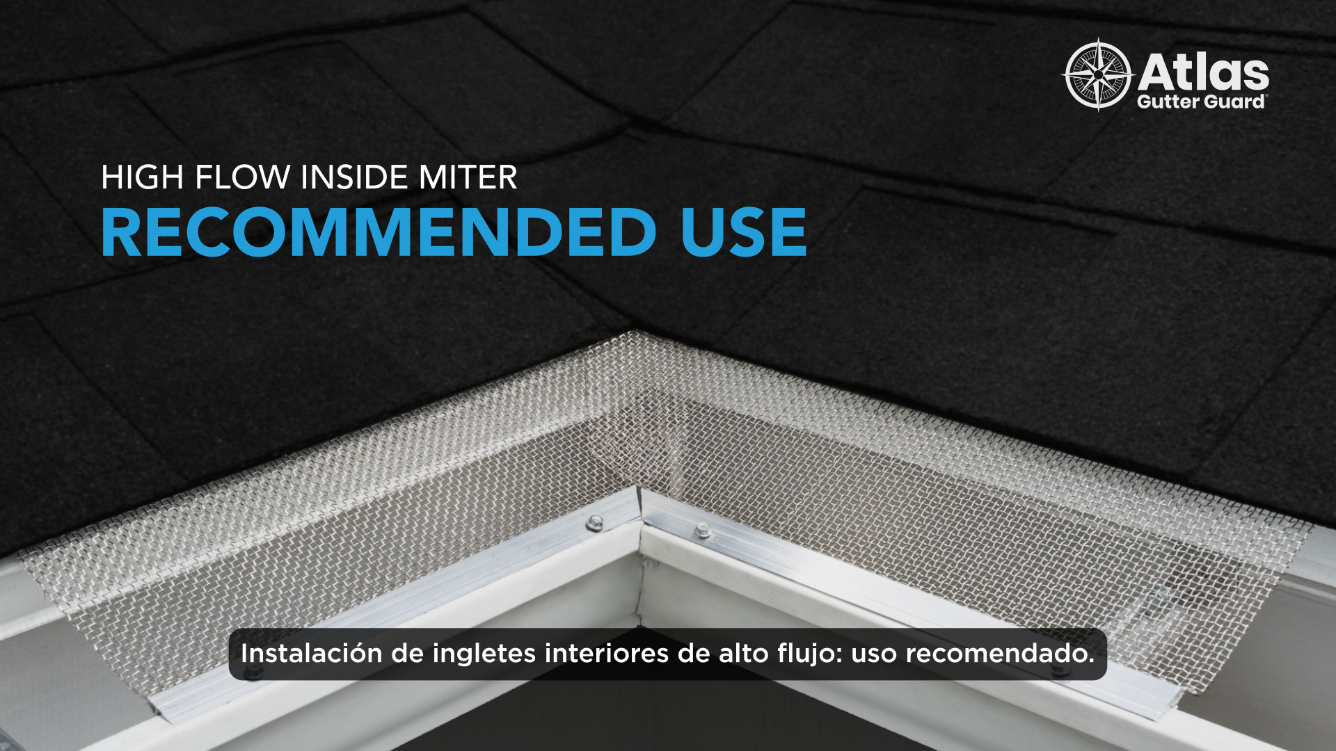 Close-up of a house roof corner with a stainless steel micro-mesh gutter guard featuring RiserStep Technology, recommended for high flow inside miters; Atlas Gutter Guard logo appears in the top right corner.