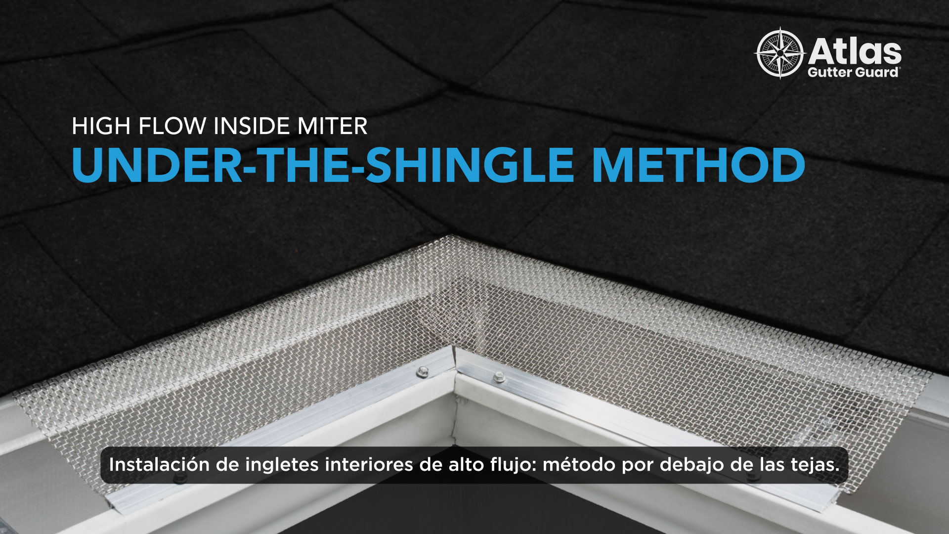 Close-up of a roof corner with gutter guard featuring stainless steel micro-mesh installed under shingles, labeled High Flow Inside Miter Under-the-Shingle Method with Spanish translation. Atlas Gutter Guard logo is displayed in the top right corner.