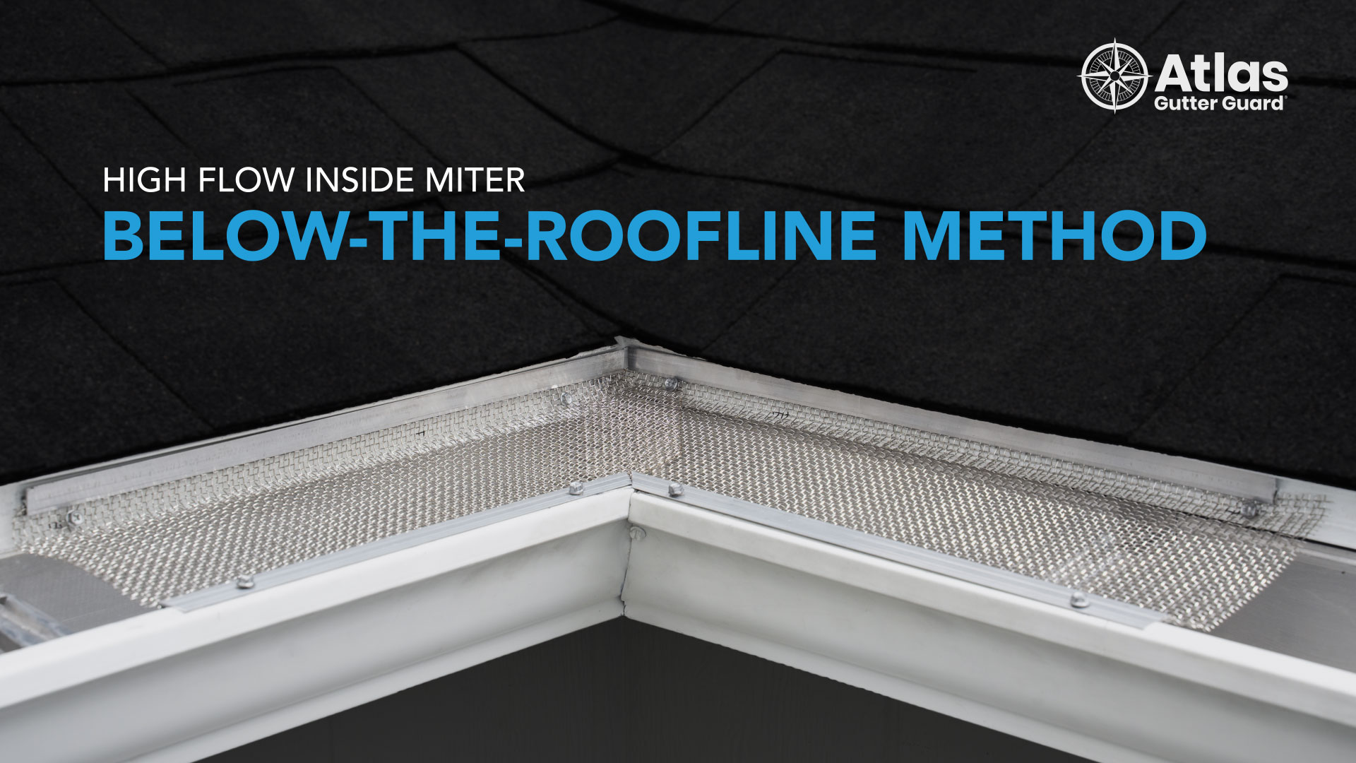 Close-up of a roof corner with stainless steel micro-mesh gutter guards installed underneath the shingles, showing the below-the-roofline method. Text reads: “High Flow Inside Miter Below-the-Roofline Method” and “Atlas Gutter Guard” logo.